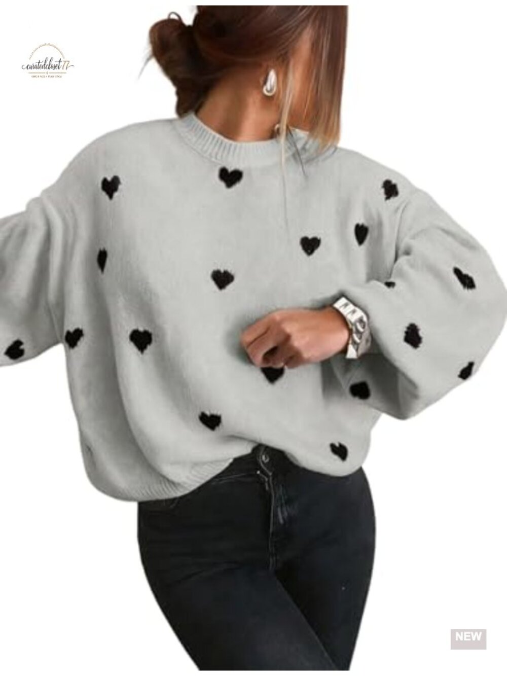 Oversized Heart Print Lantern Sleeve Sweater Pullover